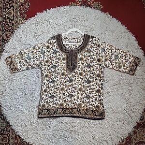 Sahiba Floral Tunic Blouse Glitter Sparkle Detail Boho Bohemian Chic Blue Gold